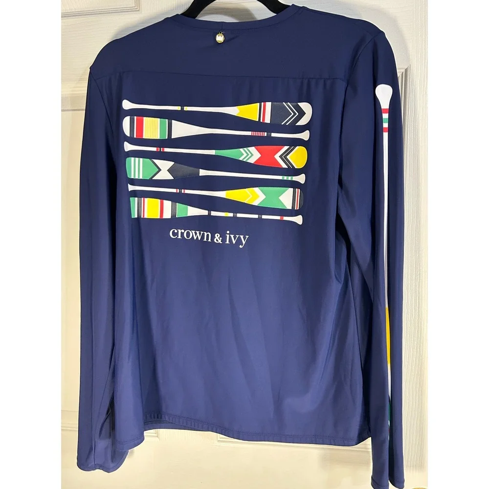 Crown Ivy Men Navy Blue Long Sleeve Crew Neck Shirt Paddle‎ Graphic Print
